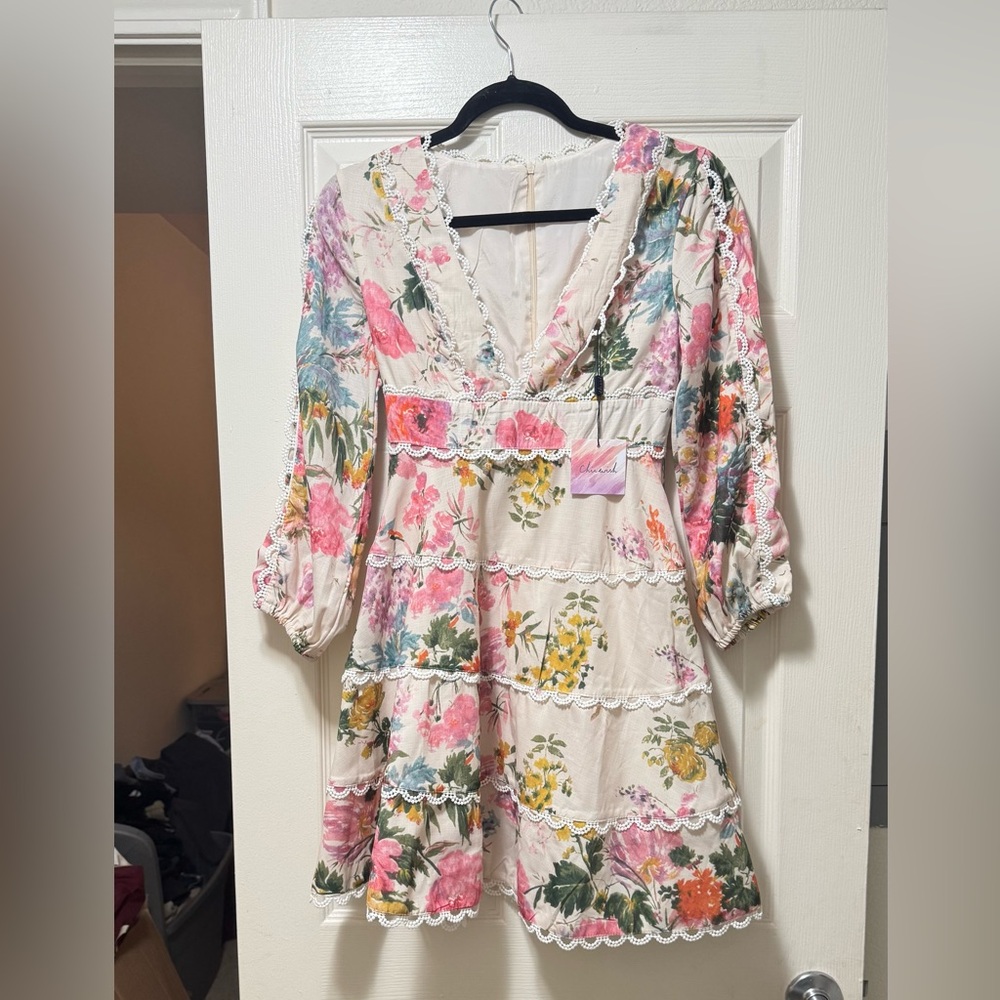 Chicwish Cream Floral Lace-Trim Mini Dress with Pink & Yellow Bouquet - Picture 2 of 8